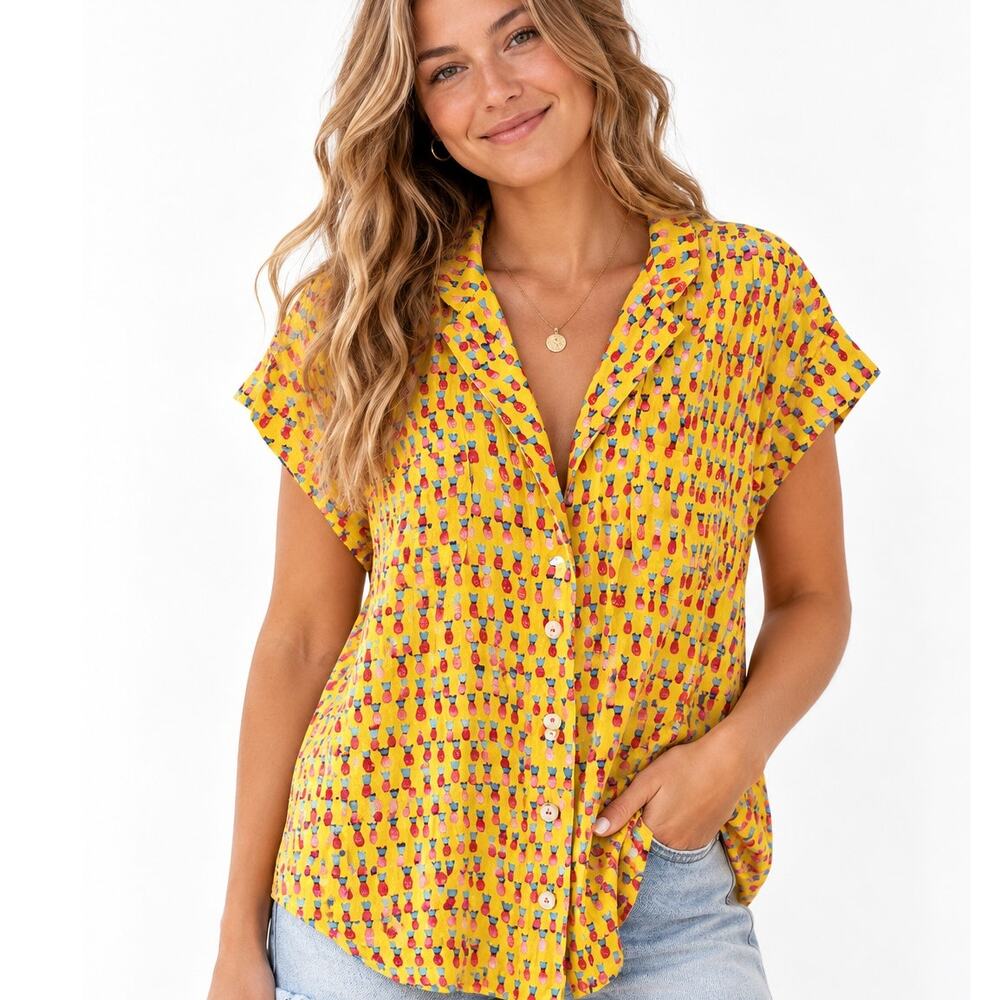 Maeve by Anthropologie Pineapple Picnic Top Womens Large Yellow Red Button Shirt